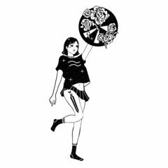 Asian girl. Girl with sword and shield. Comic concept. Anime characters. A woman with a tattoo. Hand drawn trendy Vector illustration.  Black and white vector illustration isolated on white background