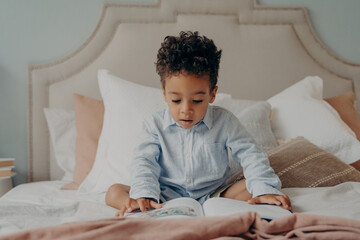 Intrigued afro american preschool child looking at colorful pictures inside of book while sitting on big bed