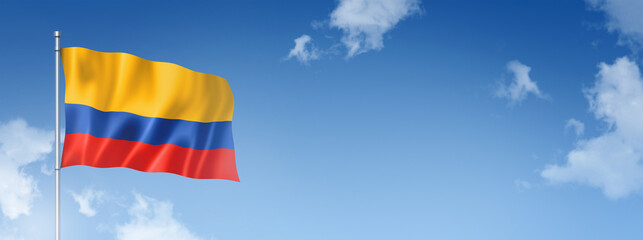 Colombian flag isolated on a blue sky. Horizontal banner