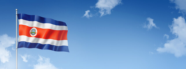 Costa Rican flag isolated on a blue sky. Horizontal banner