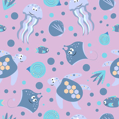 Seamless pattern with sea animals. Baby vector illustration. Pink background. 
