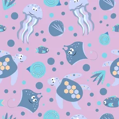 Foto op Plexiglas In de zee Naadloze patroon met zeedieren. Baby vectorillustratie. Roze achtergrond.