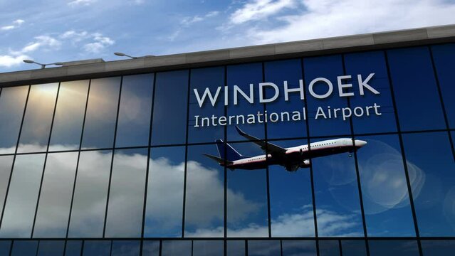 Plane landing at Windhoek, Namibia 3D rendering animation. Arrival in the city with the glass airport terminal and reflection of the jet aircraft. Travel, business, tourism and transport concept.
