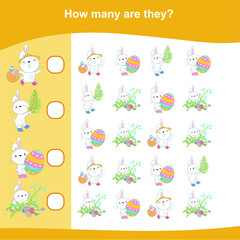 How many are they game. Counting easter items for preschool. Cute math worksheet. Educational printable math worksheet. Count items in the picture and write the result.