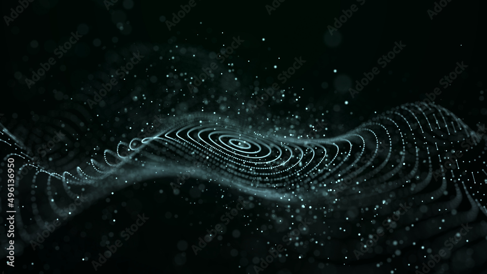Poster large digital data background. abstract wave with moving dots. 3d rendering