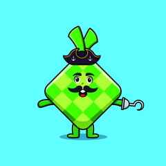 Cute cartoon pirate ketupat with hook hand in 3d modern style design