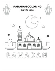 Beautiful Mosque with moon and stars  Ramadan Children Coloring book pages , Islamic month ramadan worksheet ,Sketch outline black and white pages . Kids education. Vector illustration 