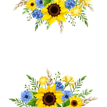 Background with blue and yellow sunflowers, cornflowers, dandelion flowers, gerbera flowers, ears of wheat, and green leaves. Vector greeting or invitation card design