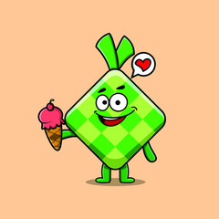 Cute Cartoon ketupat character holding ice cream cone