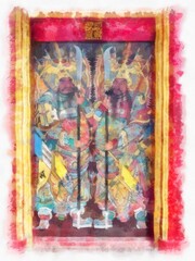 landscape of ancient chinese shrine building watercolor style illustration impressionist painting.