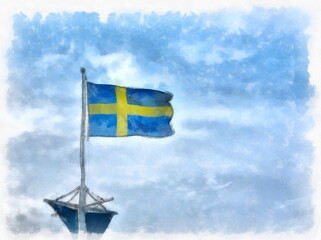 Sweden flag on flagpole on sky background watercolor style illustration impressionist painting.