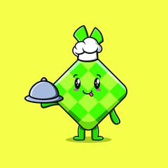 Cute Cartoon chef ketupat mascot character serving food on tray cute style design