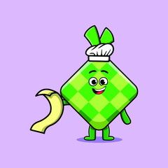 Cute cartoon ketupat chef character with menu in hand