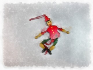 antique red and green wooden doll toys watercolor style illustration impressionist painting.