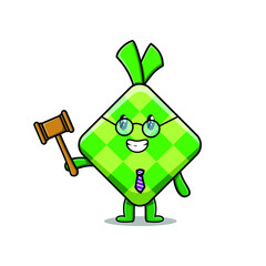 Cute cartoon mascot character wise judge ketupat wearing glasses and holding a hammer 