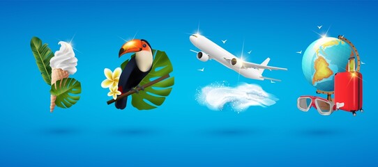 Fototapeta na wymiar Realistic 3D vector summer holidays symbols objects set. Vacation realistic icons set isolated ice cream cone, tropical leaves, toucan, plane over the sea, globe, suitcase, diving mask