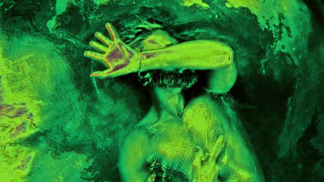 sexy man in water, moving hands, hallucination and colored pulsation, psychedelic vision effect