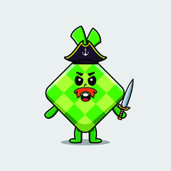 Cute cartoon mascot character ketupat pirate with hat and holding sword in modern design