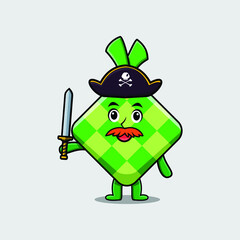 Cute cartoon mascot character ketupat pirate with hat and holding sword in modern design