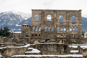 Roman arena in the city center of aosta during winter time