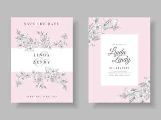 Wedding invitation cards with cherry blossom line art