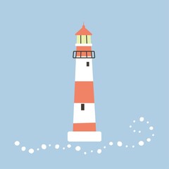 Cute lighthouse and wave. Concept for children print. Vector illustration on a blue background. Scandinavian style flat design.