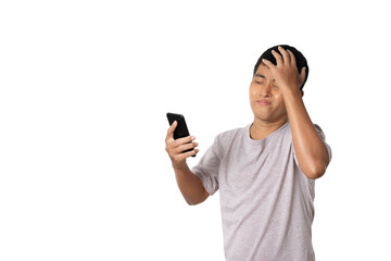 Young man using smartphone feeling disappointed, unhappy and negative gesture.