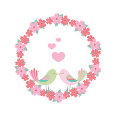 Two cute lovebirds in the middle of a flower wreath
