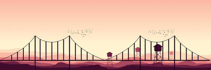 bridge silhouette with mountain landscape vector illustration good for wallpaper, background, backdrop, web banner, tourism and design template
