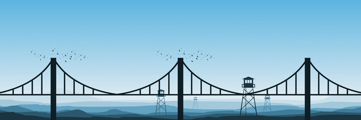 bridge silhouette with mountain landscape vector illustration good for wallpaper, background, backdrop, web banner, tourism and design template
