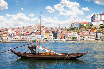 Traditional old portuguese wooden boats called barcos rabelos, used in the past to transport the famous port wine - Oporto - Portugal