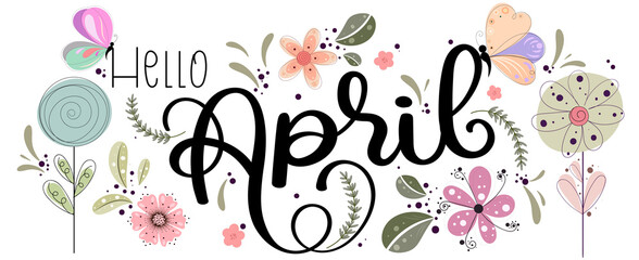 . Hello APRIL with flowers, butterflies and leaves. Illustration april month calendar © Luchelle