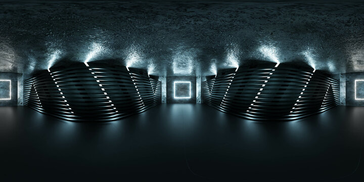 360 degree full panorama environment map of empty futuristic dark black metal basement with square neon light. 3d render illustration