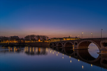 Blue Hour in Toulouse Center With Lights Reflections on Garonnes River and New Bridge