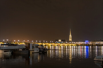 Bordeaux at Night Stone Bridge Tramway Saint-Michel Basilica Boats