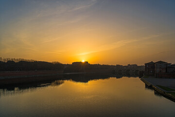 Orange Sunrise Over Toulouse Center With Garonne River and Bridges