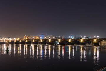 Night Traffic on Stone Bridge at Bordeaux