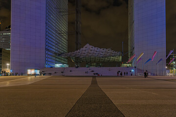 A Way to the Grande Arche La Defense Business District Peoples Moving at Night