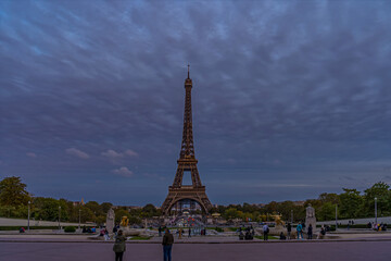 Fototapeta na wymiar Beautiful Eiffel Tower at Night With Peoples Under Cloudy Sky and Trees