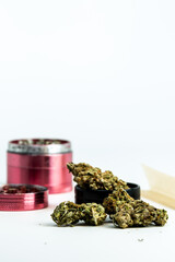 Close-up of medical marijuana buds on white background. Concept of herbal and alternative medicine