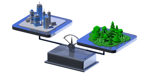 carbon neutral concept 3d illustration, scales holding a city and a natural forest, balancing carbon dioxide emissions to reduce pollution 3d render