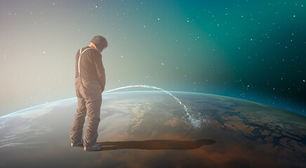 Global Warming Concept - A man is standing on the Planet Earth surface peeing towards the outher...