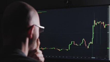 An online trader works on the stock market. Remote trading on the online stock exchange through a computer