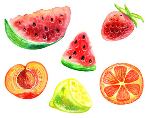 set of watercolor illustrations juicy fruits, clipart