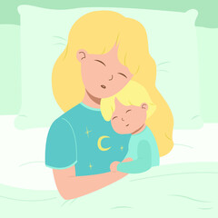 Mother sleeping with her child. Families should sleep in their own beds, not bomb shelters. Save our children concept vector flat illustration. 