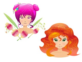vector anime girls clipart, set of illustrations