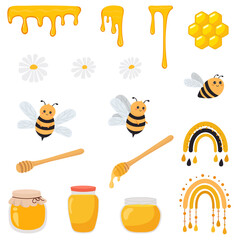 Set of bee, honey elements. Cartoon vector illustration on white background.