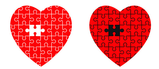 puzzle with a missing piece. Love, heart jigsaw puzzle pieces line pattern. Puzzle pieces icon or pictogram. Cartoon vector. Fot 14 february, valentine, valentines day.