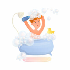 Vector isolated illustration of boy shampooing his hair in a bubble bath with a yellow duck. The concept of hygiene, cleanliness, hair care. It can be used in web design, banners, etc.