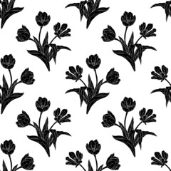 Monochrome vintage seamless pattern with tulips flowers black silhouettes on white background